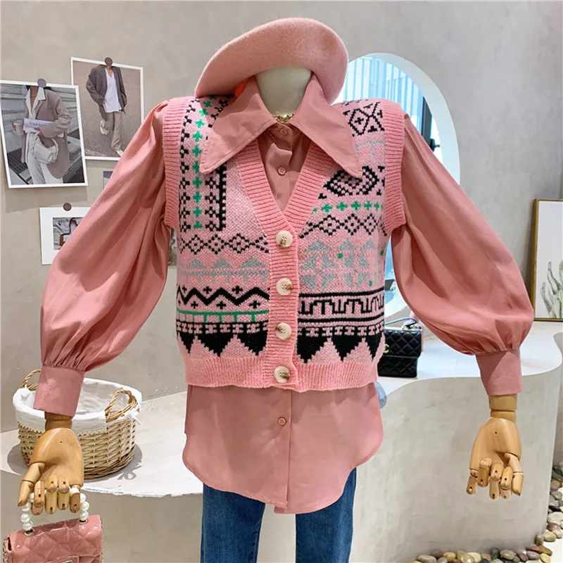 

Niche Design New Women Clothing 2021 Winter Fashion Suit Pullover Short Knitted Vest + Long Sleeved Shirt Two-piece Set Soft