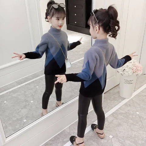 

Girls' sweater new medium and large children's high collar imitation mink velvet autumn and winter thickened base shirt