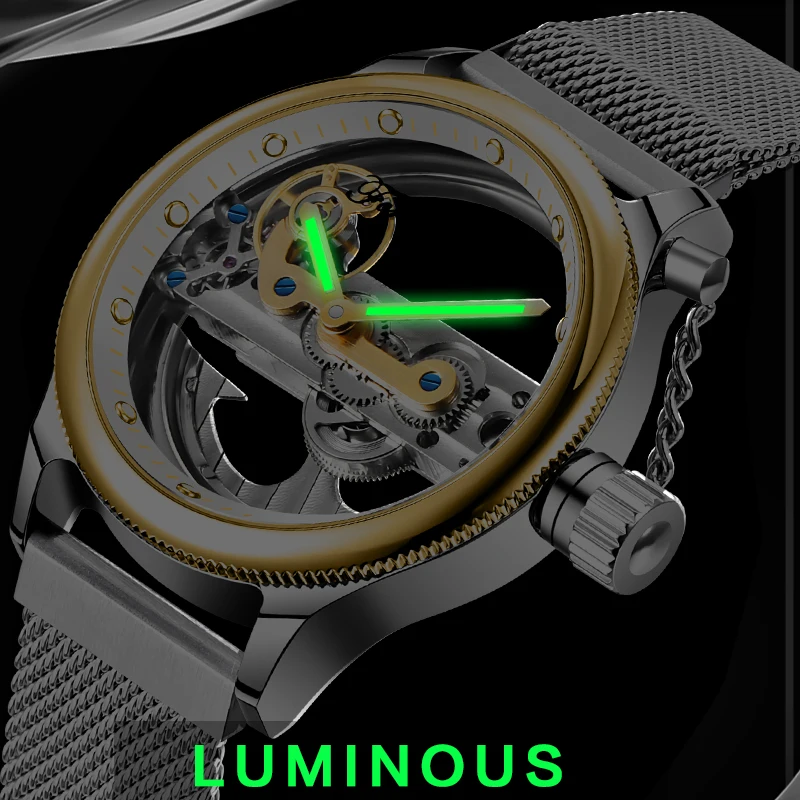 Luxury Brand FORSINING Golden Mysterious Apple Mesh Band Double Side Transparent Creative Watch Openwork Waterproof Male Clock | Наручные