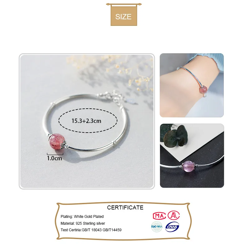 Женский браслет из серебра 100% пробы с кристаллом в виде натуральной розовой