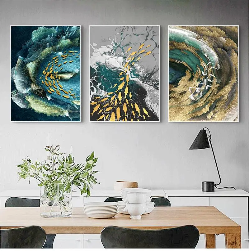 Абстрактная Картина на холсте с золотыми перьями большой синий зеленый принт