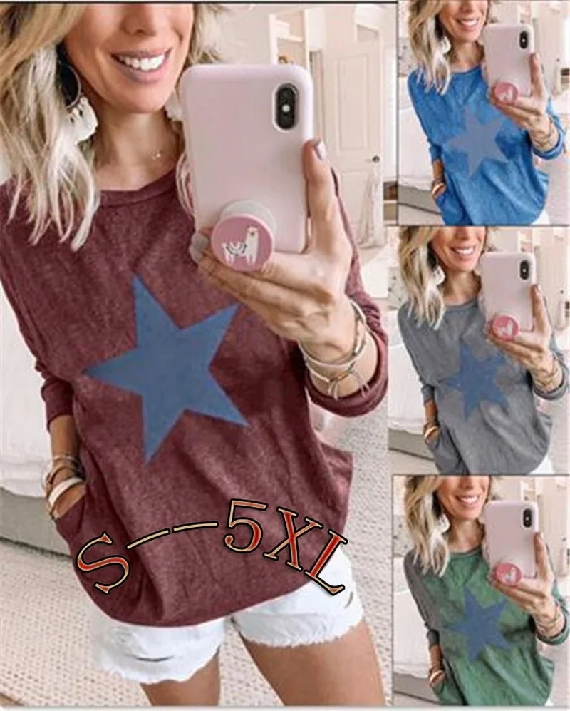 Женская футболка с принтом 5 звезд Повседневная Свободная длинным рукавом и