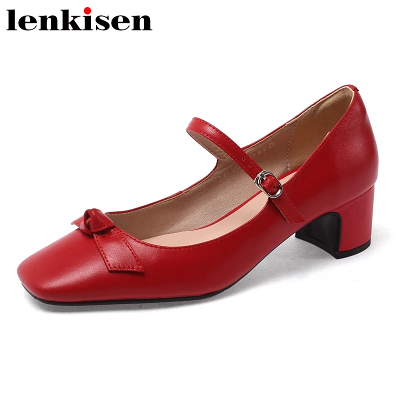 

Lenkisen natural leather square toe med heel Mary janes butterfly-knot sweet Korean street shoes women buckle strap pumps L01