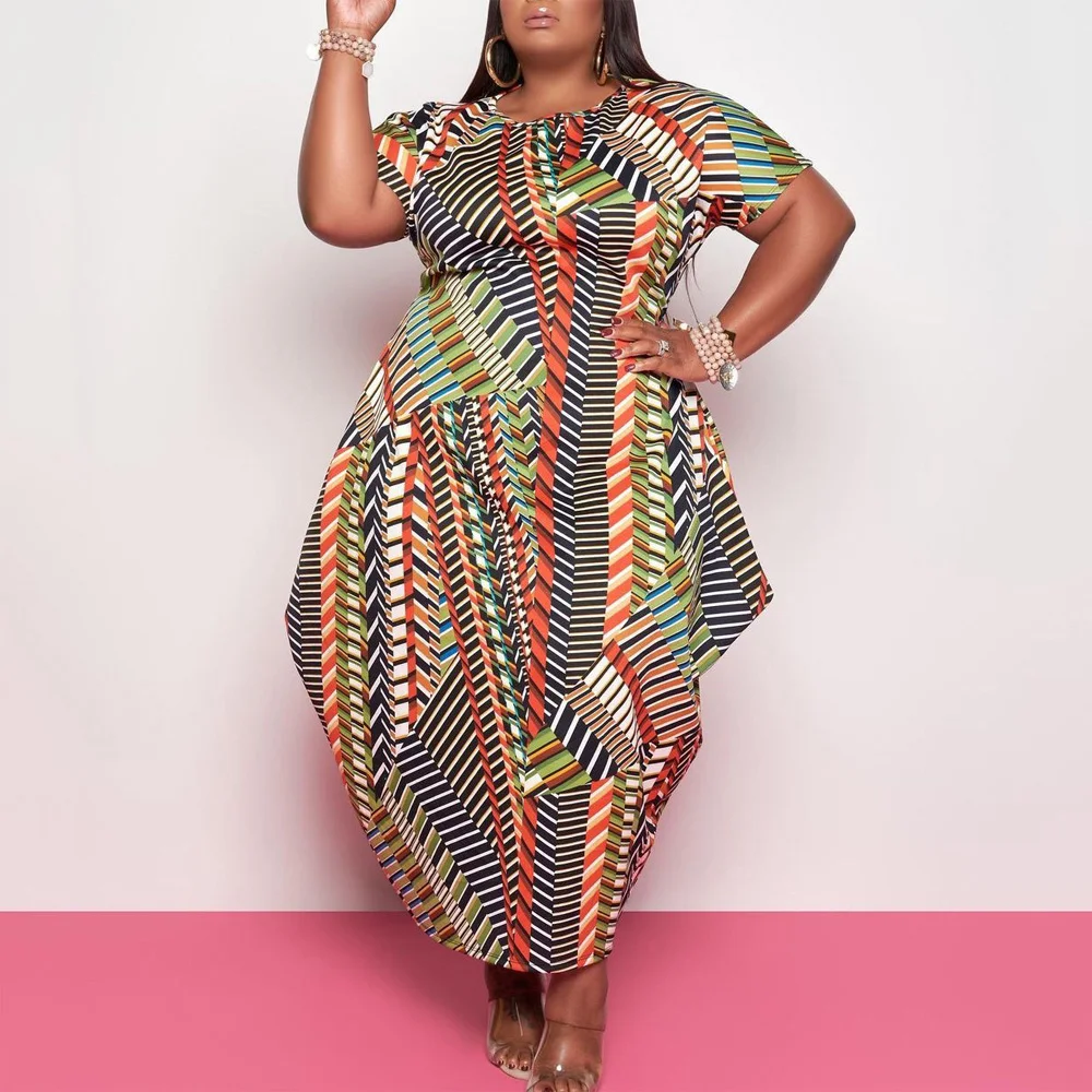

4xl 5xl Plus Size African Dress For Women Geometrical Printed Short Sleeve Asymmetrical High Waist Elegant Evening Night Vestido