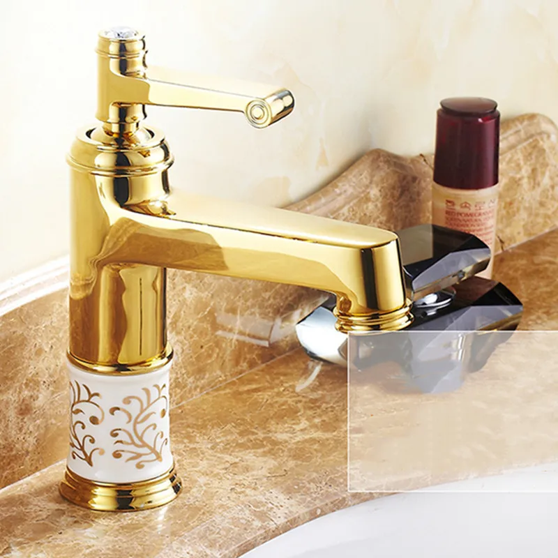 

European Classic Golden Bathroom Basin Faucet Hot & Cold Water Mixer Tap Single Handle Copper Deck Mount for Bathroom