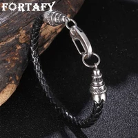 fortafy vintage black braided leather bracelet men stainless steel clasp handmade wristband women jewelry bangles gifts fr1096