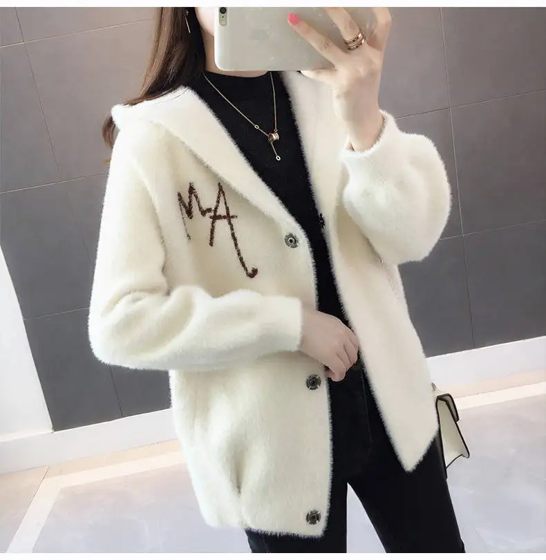 Women Mink Fur Jacket Autumn Winter Women Coat Loose Embroidered Thick Velvet Hooded Sweater Female Cardigan
