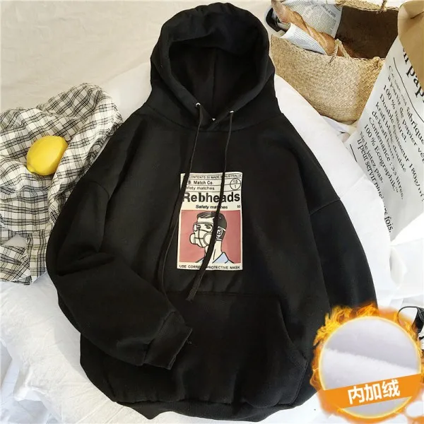 black Plus velvet Осенняя Женская толстовка, одежда в Корейском стиле Ulzzang Harajuku, свободные свитшоты с принтом, Женские флисовые свитшоты с капюшоном и длинными рукавами - Цвет: black Plus velvet