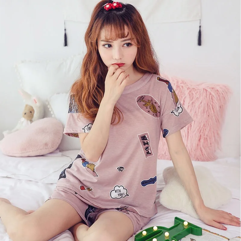 

Summer Women's Pajamas Loose Print Sleepwear for Girl Comfortable Cartoon O-Neck Women Pajamas Sets 2021 New