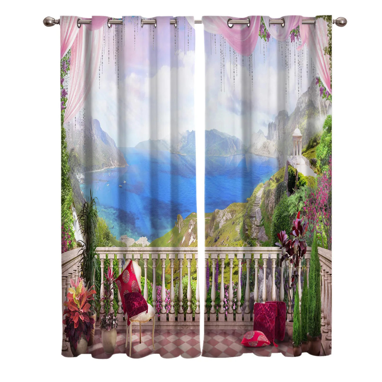 Фрески морские цветы рельс архитектурное кресло подушка окно занавески