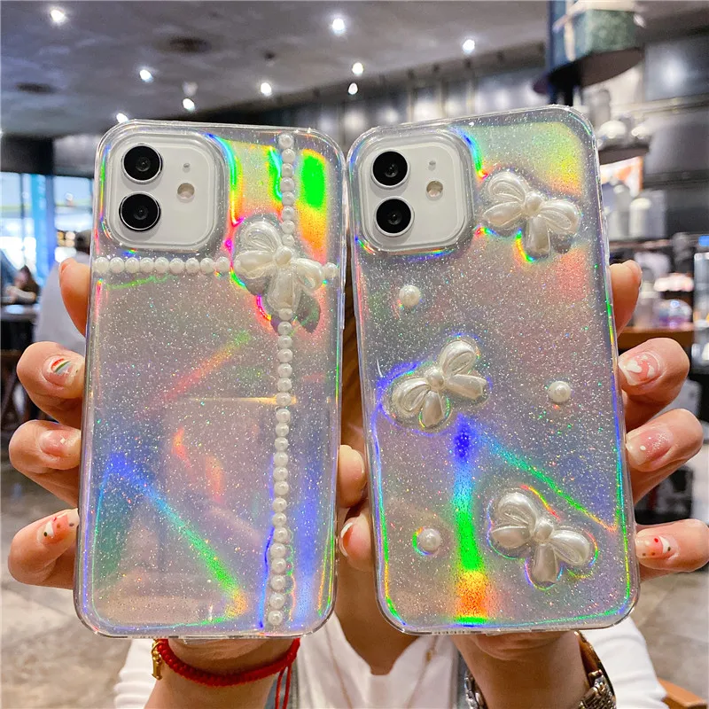 

Luxuly Aurora Pearl Bow Pattern Silicone Glitter Phone Case for IPhone 12 Pro Max 11 X XR XS Max 8 7Plus SE TPU Shockproof Cover