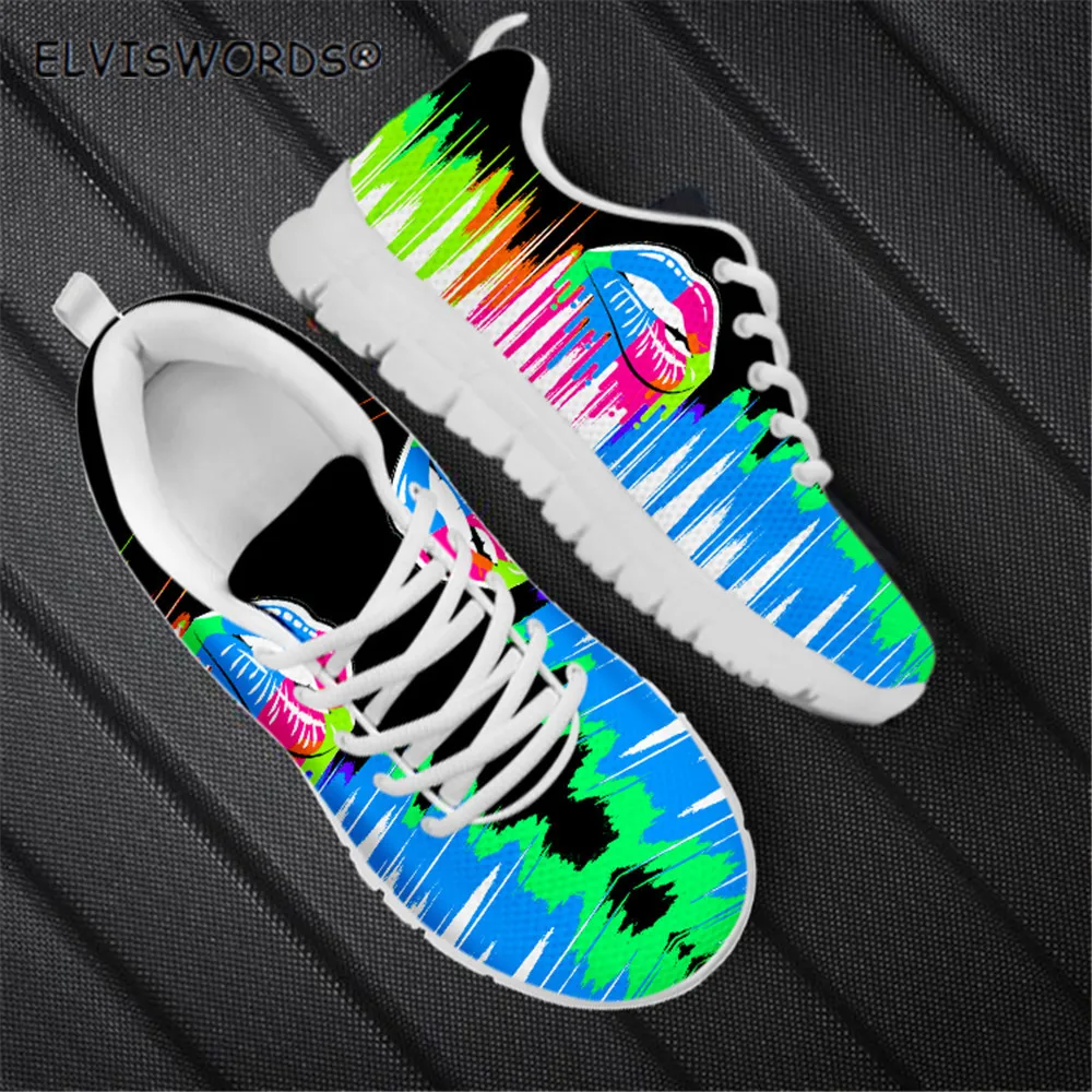 

ELVISWORDS Colorful Rainbow Lips Pattern Comfortable Sports Shoes for Ladies Stylish Women's Sneaker Flats Lace-up Footwears New