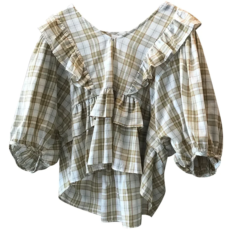 

2021 summer new plaid V-neck ruffle shirt small fresh and sweet bubble all-match short-sleeved shirt women