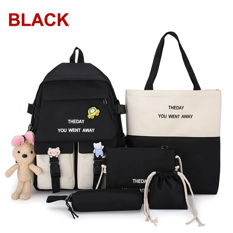 

Women Laptop Backpack Canvas School Bags For Teenage Girls Kawaii College Student Kids Book Bag Rucksack 2021 4PCS Set