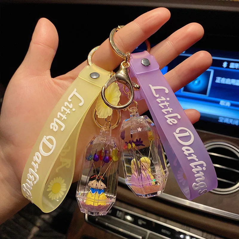 Cartoon Princess Doll Keyring Transparent Liquid Floating Keychains Leather Cord Car Key Chains Pendant Cute Bag Keyfob Ornament | Украшения