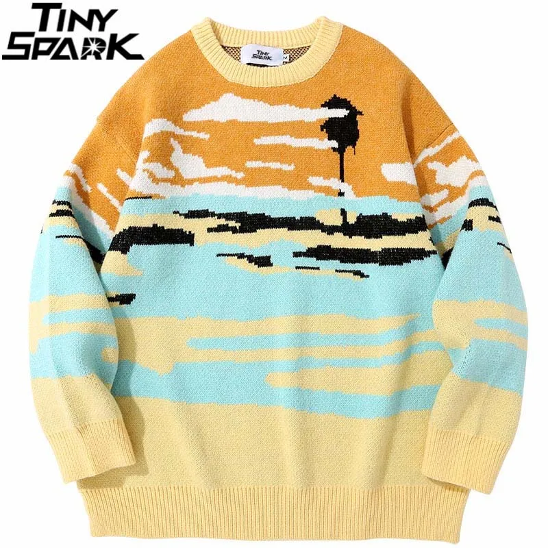 

Хип-хоп Harajuku вязаный свитер уличная одежда Пляжный пуловер с принтом облака 2021 Мужской Хлопковый Повседневный свитер осенний желтый пулове...