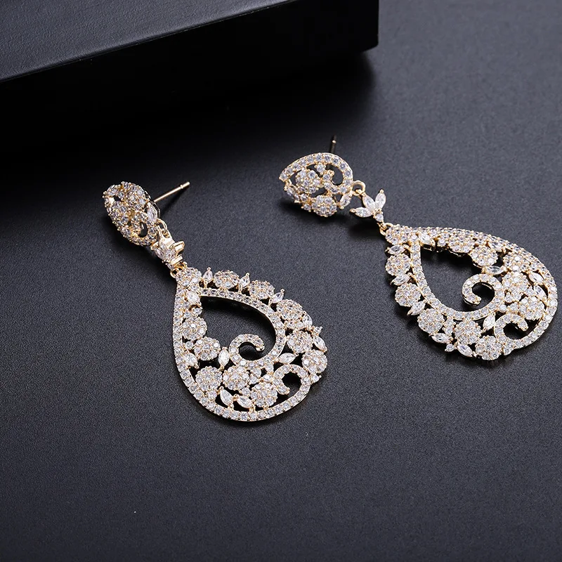 

European and American copper inlaid zircon earrings, micro-inlaid drop-shaped earrings, hollow earrings, factory outlets, drop s