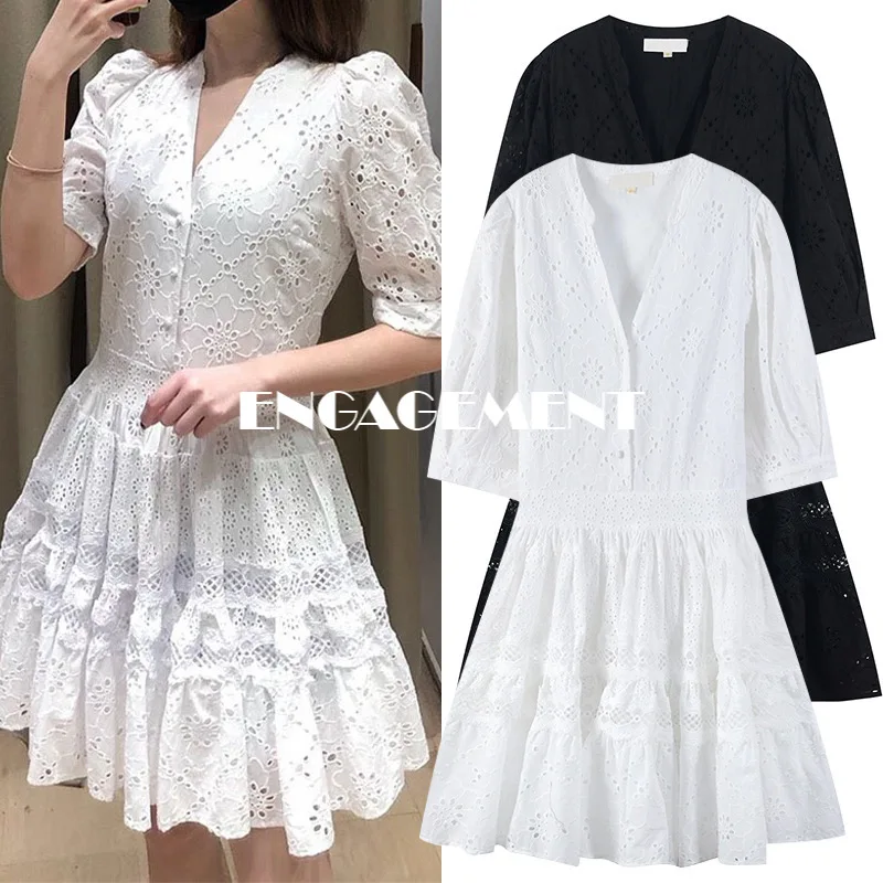 

ENGAGEMENT Sexy French V-neck Lace Hollow Short Sleeve Skirt Dress Women's Backless In Spring and Summer of 2021