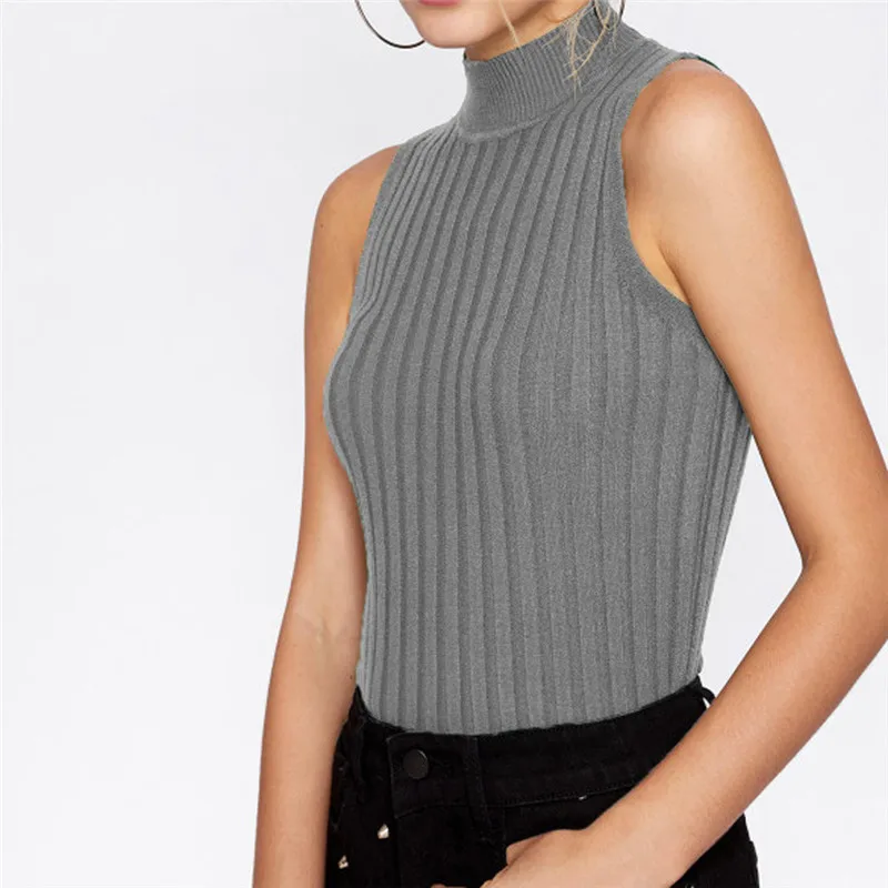 Женские короткие топы с высоким горлом вязаный жилет в рубчик Повседневная