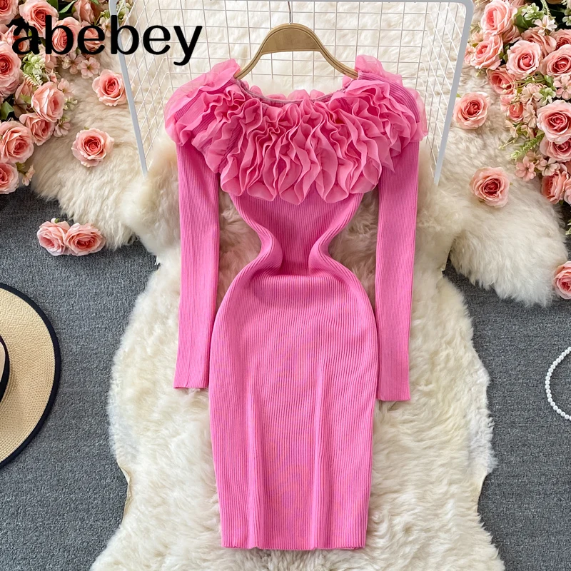 

2022 Knitted Bodycon Dress Women Fashion Flower Decoration Off Shoulder Long Sleeve Sexy Package Hips Mini Dress Cloth