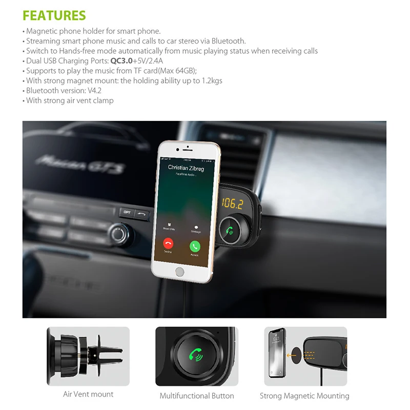 Автомобильный Bluetooth fm передатчик с магнитным держателем для телефона QC 3 0 зарядка