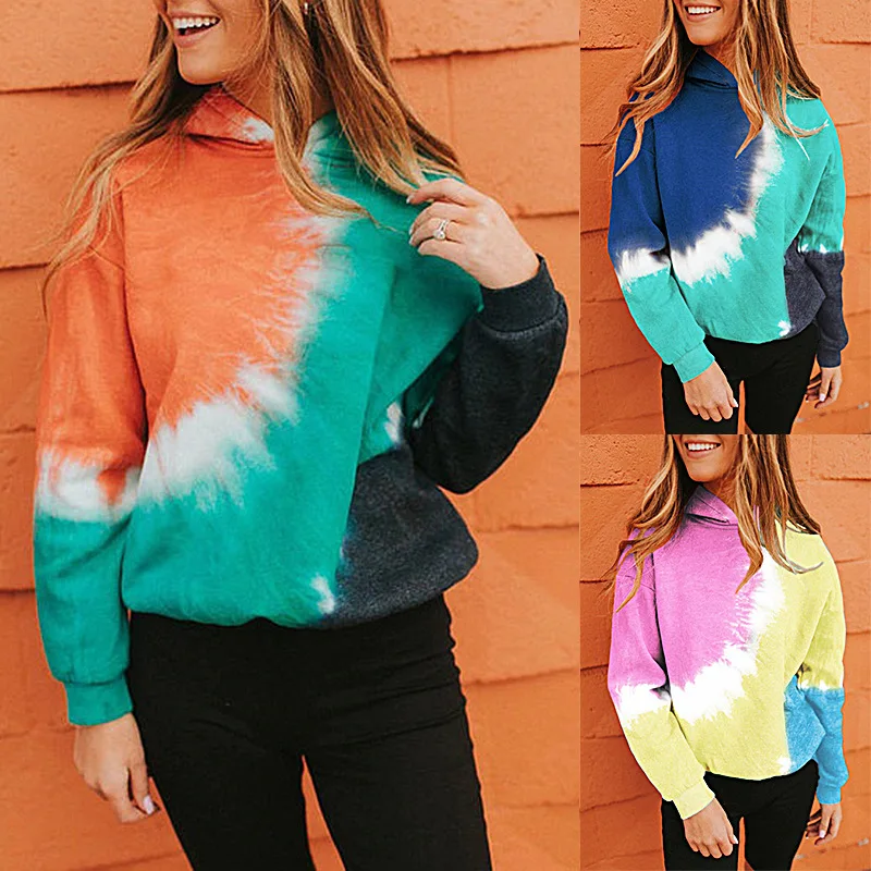 

2020 New Style Tie-Dye Printing with Contrast Color Loose Casual Sports Long-Sleeved Hooded Sweatershirts