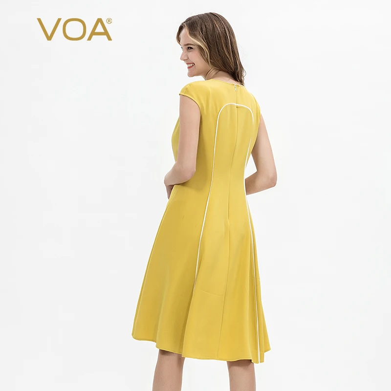Женское платье средней длины VOA желтое из тяжелого шелка роскошное офисное Sukienka