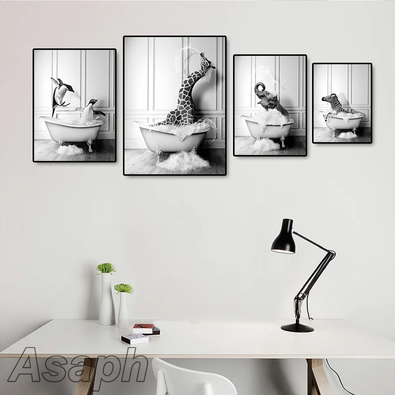 

Animal Black White Wall Art Prints Elephant Giraffe Zebra Penguins Giraffe Bathtub Canvas Painting Posters Nordic Bathroom Decor