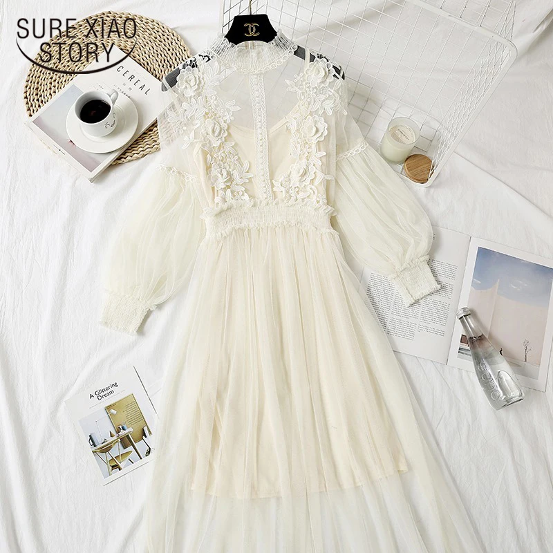 Платье женское кружевное с цветочным принтом длинное платье из вуали