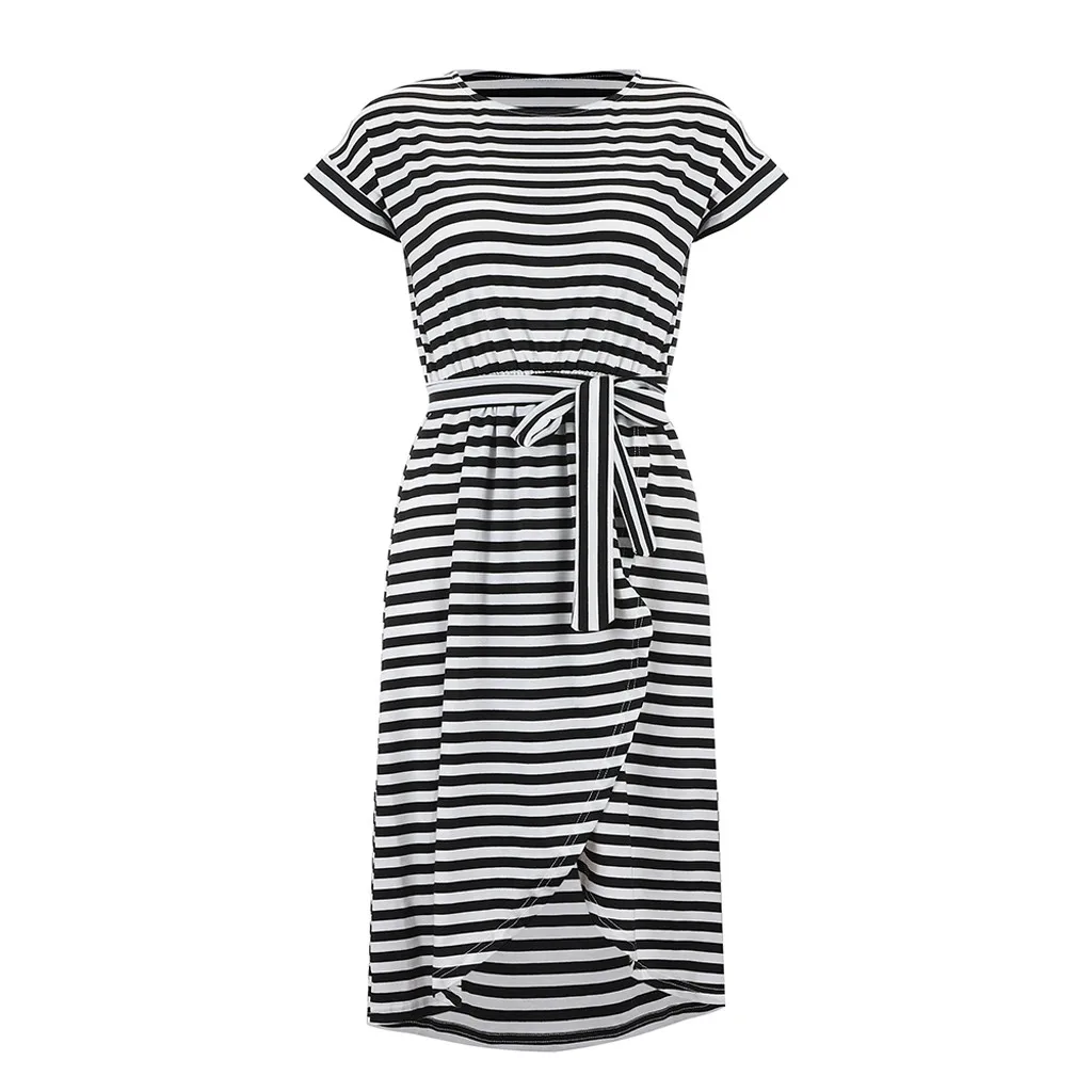Dresses Women Stripe Short Sleeve O Neck Drawstring Waist Split Summer Dress 2020 Evening Party Beach Boho Vestidos #615 | Женская