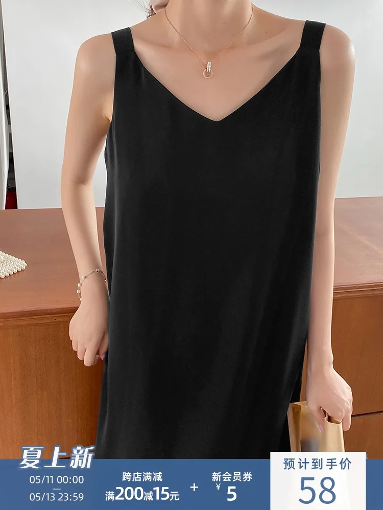 

plus Size Women 's Skirt 2021 New Inner Wear Black Chiffon Base Long Dress for Plump Girls French Strap Dress for Women Summer