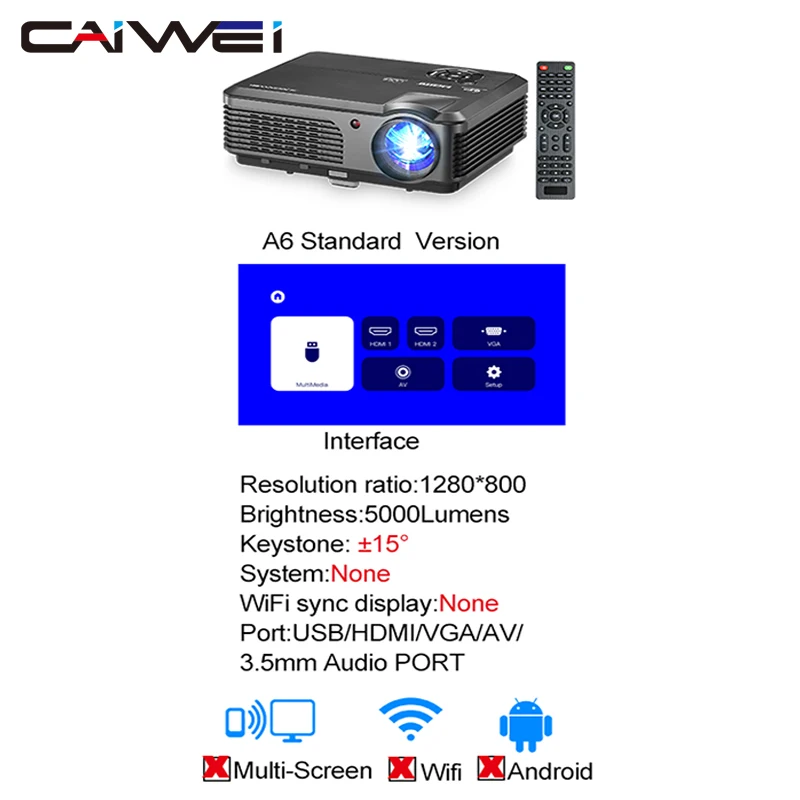A6 Basic Version Caiwei A6AB Full HD 1080p 5000 люмен Android 6,0 WiFi светодиодный проектор для домашнего кинотеатра проекторы ЖК-проектор HDMI USB проектор - Цвет: A6 Basic Version
