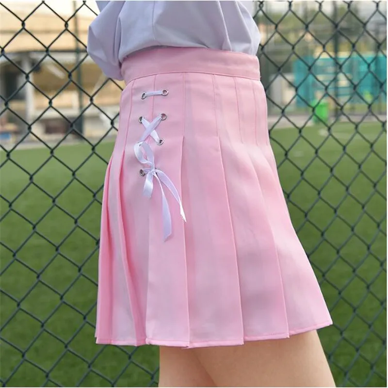 Women Pleated Skirt Summer Solid A Line High Waist Mini Skirts Harajuku Gothic Punk Hip Hop Bow Lace-Up Preppy Girls Sexy | Женская