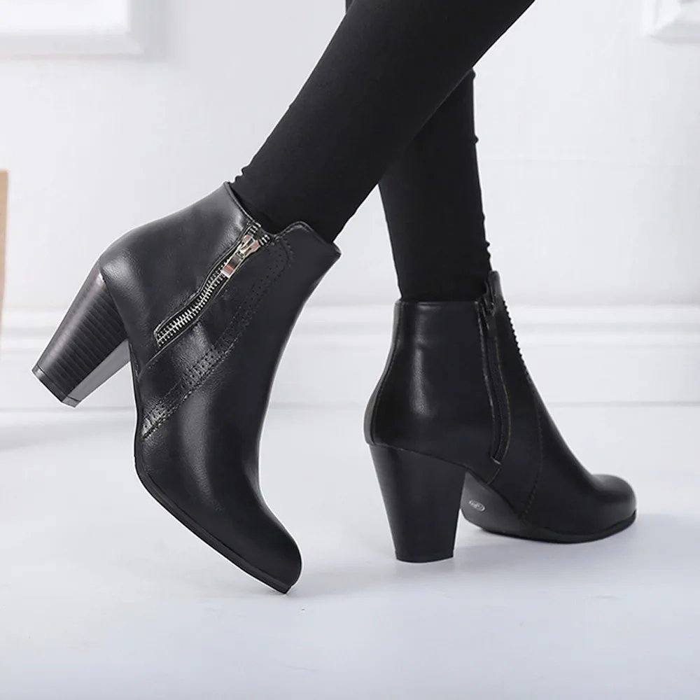 Boots Women Vintage High Heels Thick Heel Short Sexy Outside Ankle Booties Point Toe Zipper Shoes Woman Zapatos De Mujer | Обувь