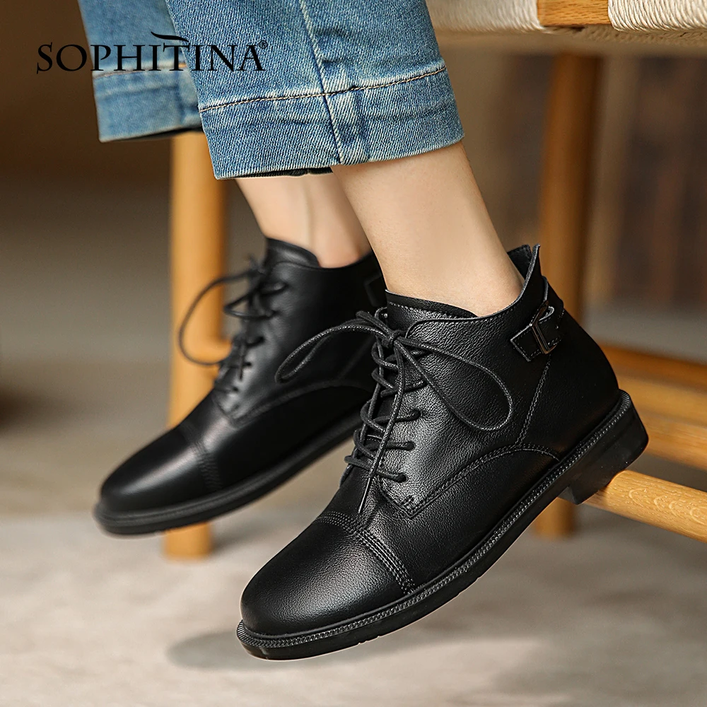 Jual Sepatu Bot Pergelangan Kaki Kasual SOPHITINA Sepatu Bot Ujung Bundar Kulit Asli Hak Rendah Nyaman Sepatu Wanita Kantor Renda HO258