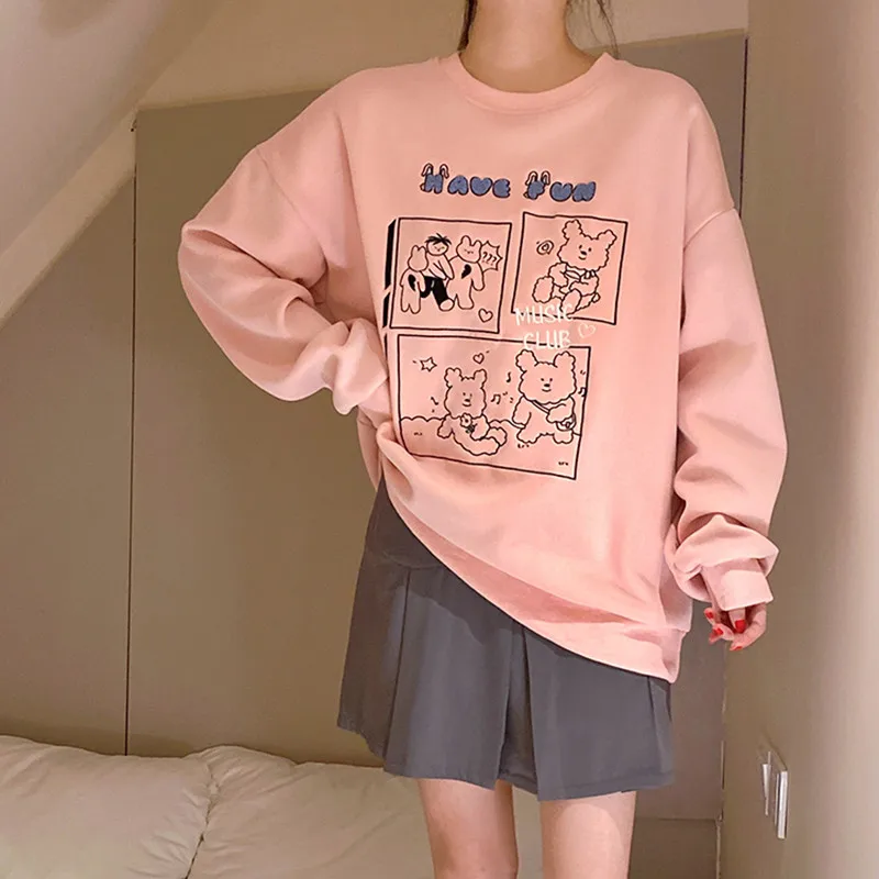 

2colors autumn winter 2021 Korean style Women Sweatshirts Cartoon Print thick Warm Sweatshirt Womens pullovers (F4577)