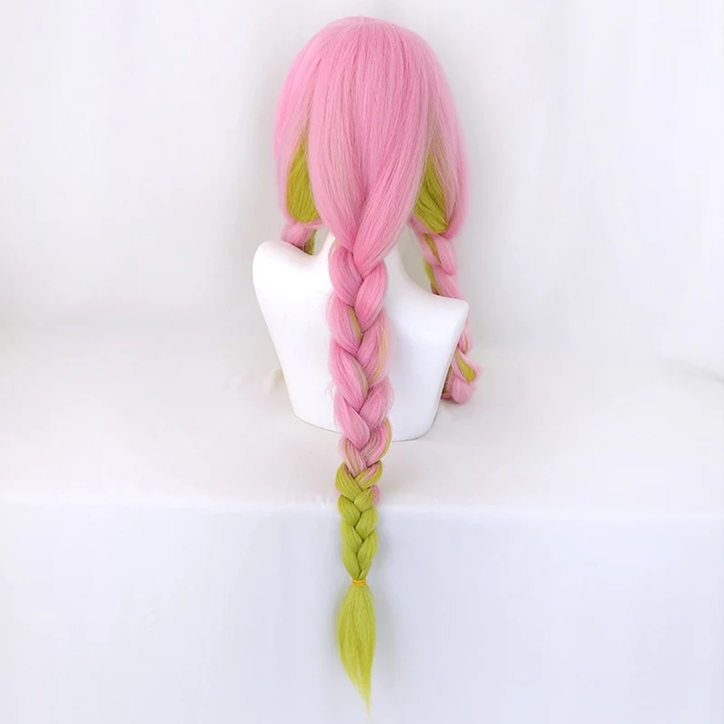 

Demon Slayer Kanroji Mitsuri Cosplay Wig Kimetsu No Yaiba Costume Long Pink Mixed Green Braid Party Hair + Hairnet