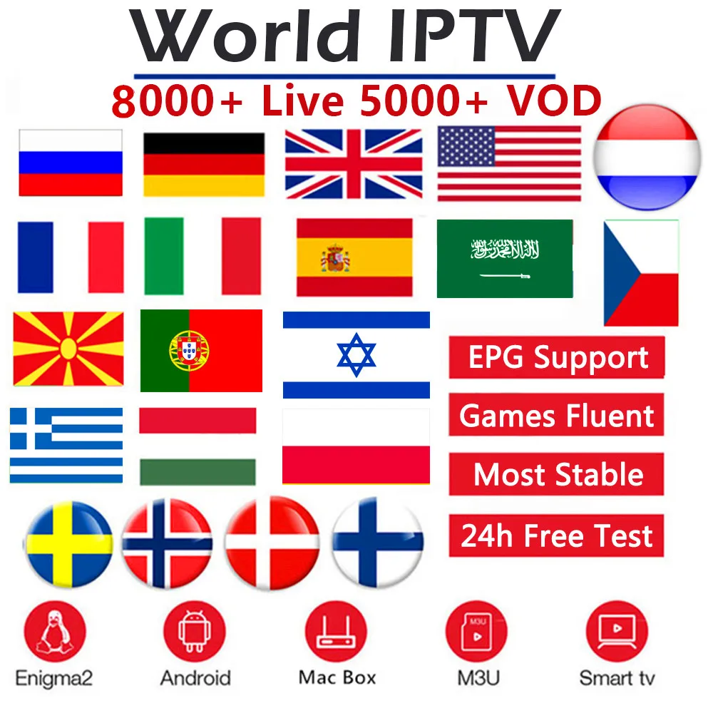 Мировое IPTV 8000 каналов 5000 VOD Европа Nordic Израиль Нидерланды Франции Великобритании Пособия по немецкому языку Швеции французский M3U Смарт ТВ