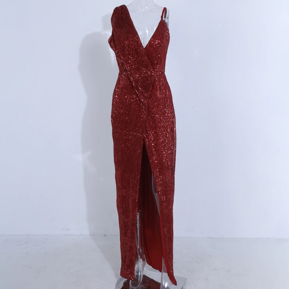 

Yesexy 2021 Elegant Deep V Neck Sleeveless Sequins Women Maxi Dresses High Split Red Party Dress for Christmas VR19702
