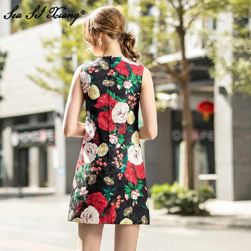 

Seasixiang Runway Luxury Summer Vintage Jacquard Short Dress Women Fashion Beaded Diamond Flower Print Black Mini Dresse