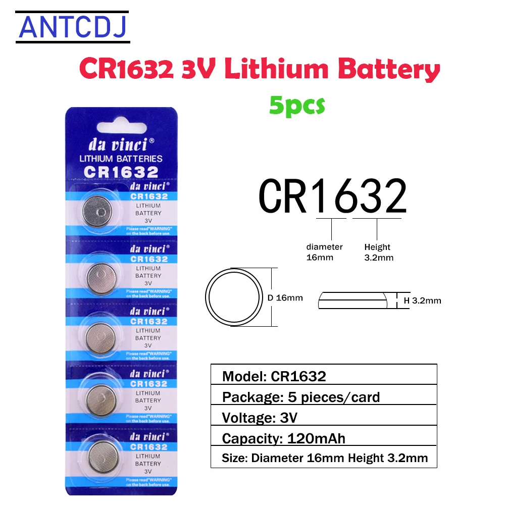 

5Pcs CR1632 Antcdj Lithium 3V Button Battery LM1632 ECR1632 BR1632 Cell Coin Batteries 120mAh For Watch Electronic Toy Remote