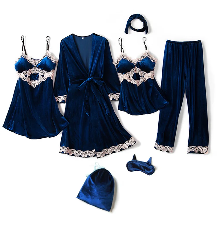 

7pcs New Style Pajamas Suit Women Spring Autumn Winter Gold Velvet Lace Sexy Mid-length Nightgown Nightdress Casual Home Wear