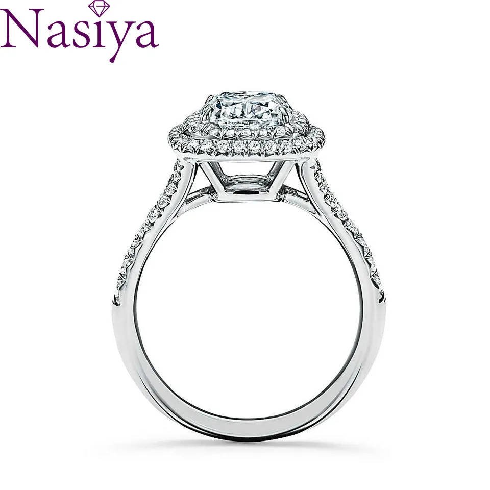 

NASIYA 14K 585 White Gold 1ct 6mm EF Color Cushion Cut Moissanite Double Halo Engagement Ring Bridal Ring Set for Women