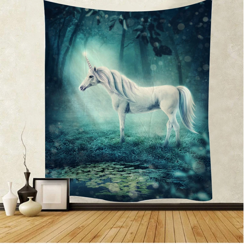 

White horse tapestry Unicorn tapestry home decoration sofa carpet forest scenery living room wall hanging