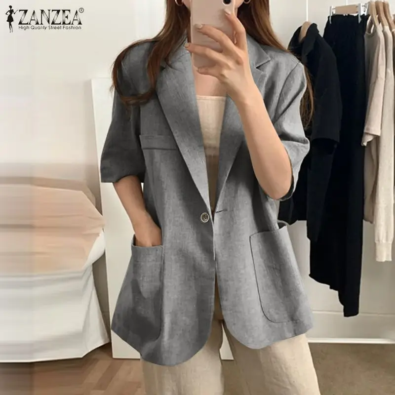 

Fashion Summer Work OL Blazer Women Outwear ZANZEA 2021 Casual 3/4 Sleeve Overcoats Female Single Button Tops Female Solid Tunic