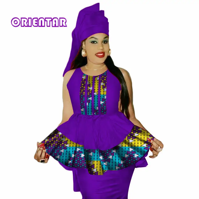 2 Pieces Set African Clothes for Women Sleeveless Tops and Skirt Bazin Riche Africa Print Patchwork Top Skirt Headtie WY3039