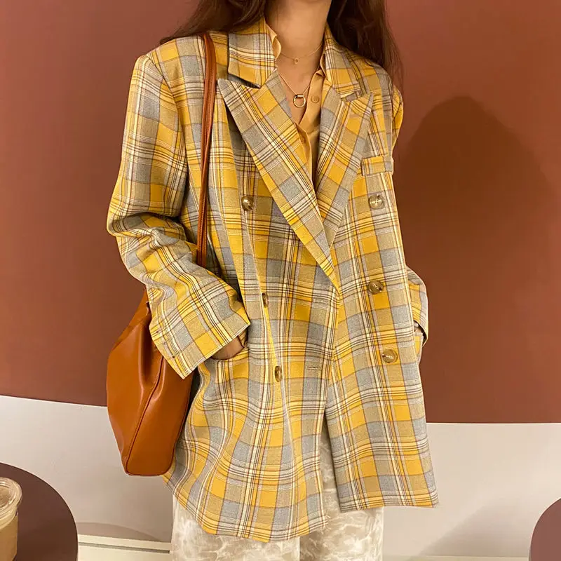

Vintage Loose Women Plaid Blazer Autumn Chic Double Breasted Female Long Sleeve Suit Jackets Stylish Ladies Blazers
