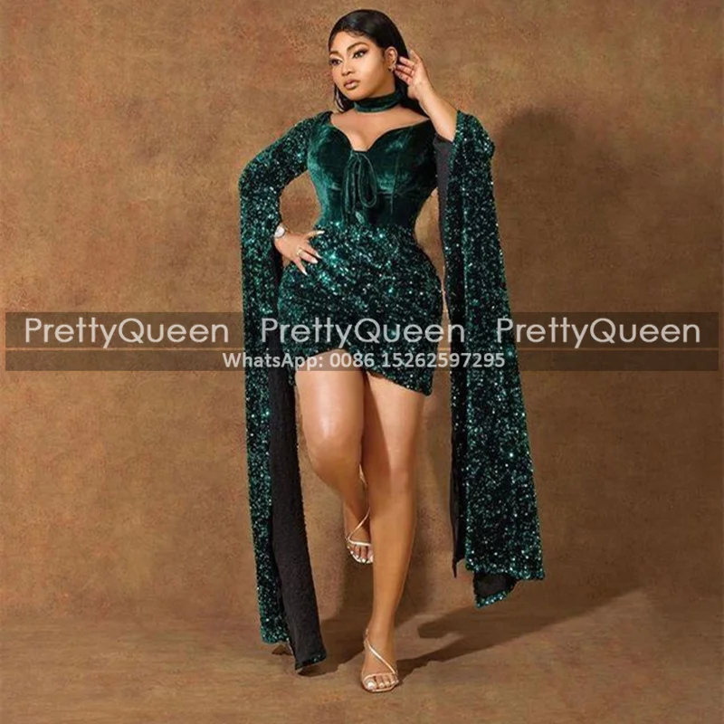 

Shiny Sequined Short Sheath Prom Dresses Emerald Green Velet Plunging Neck Long Bishop Sleeves Aso Ebi Reception Dress Party