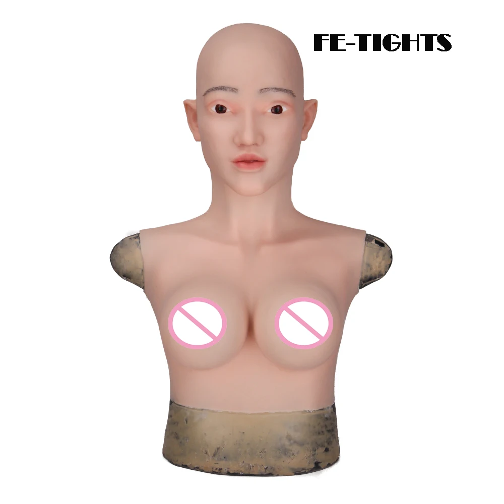 (Ellow-4G)Crossdress Full Head Realistic Silicone Girl Female Disguise Party Cosplay Transgender Mask With Breast Torso