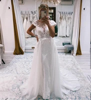 a line wedding dress 2021 detachable train lace appliques short sleeve with belt tulle organza bridal gowns robe de mariee